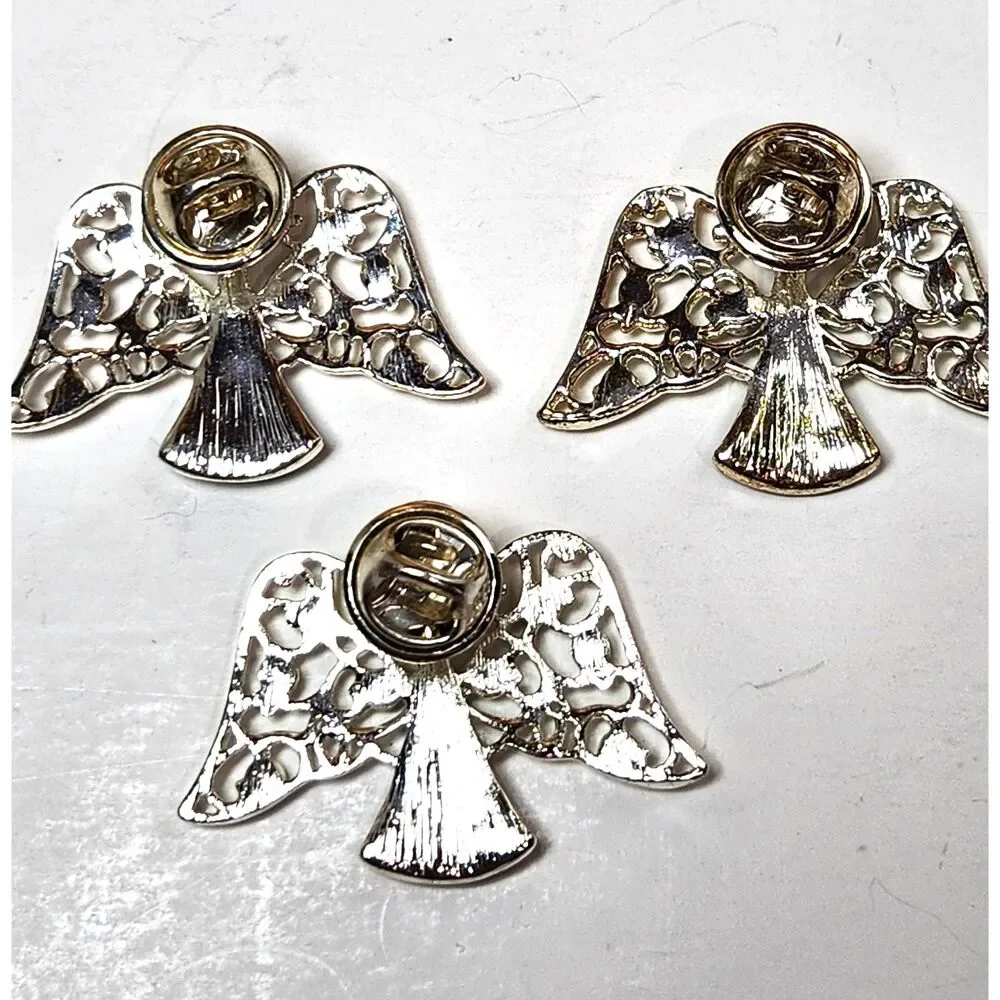 Rhinestone Angel Tac Pins 3 Silver Tone with Red, Blue & Green Crystals